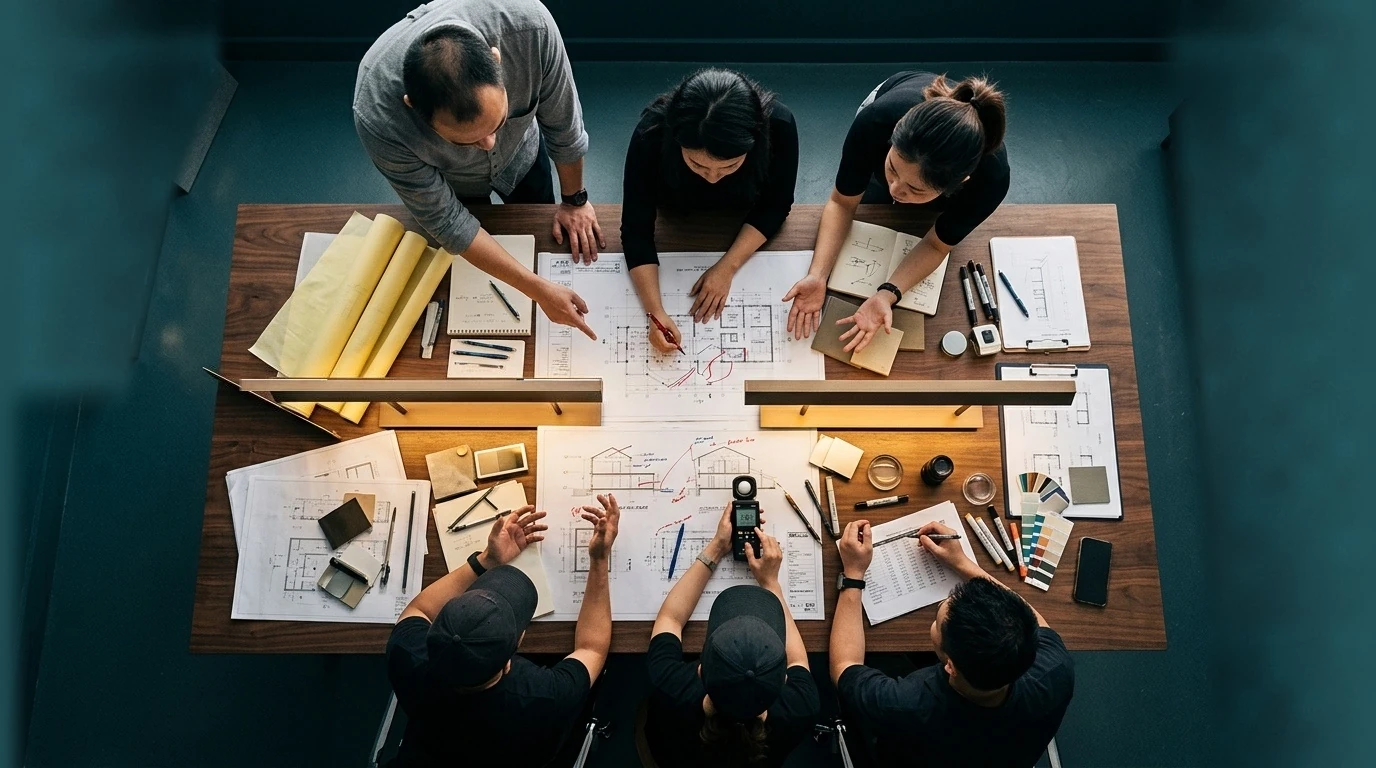 明徕科技照明设计团队工作台俯览:建筑图纸、黄色方案卷纸、红蓝笔、照度计与灯具打样协同推敲