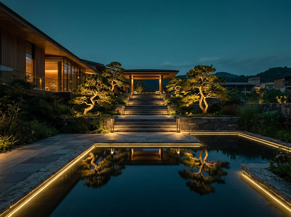 园区与现代庭院夜景景观水景灯光亮化实景